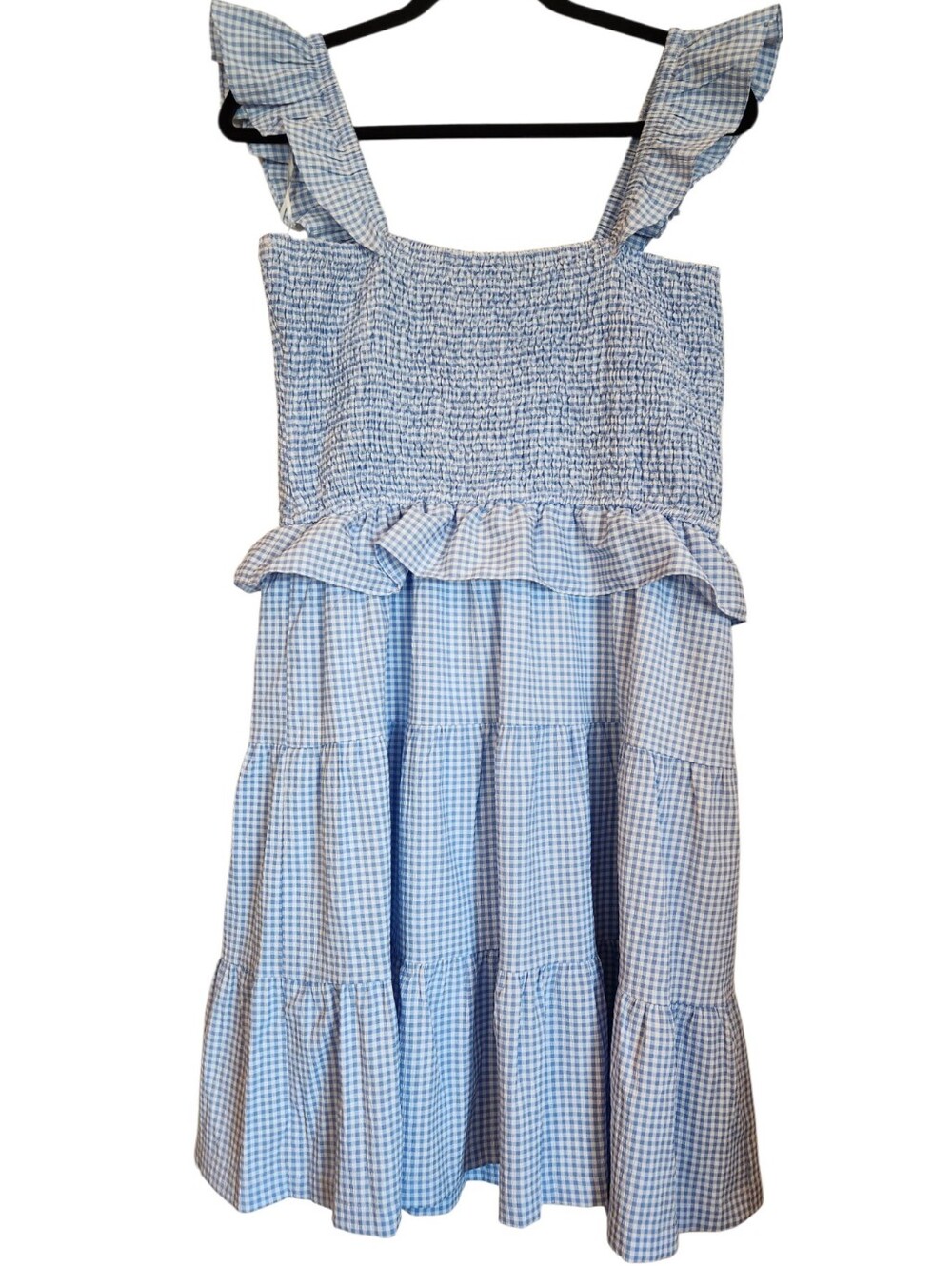 White Birch Light Blue Gingham Smocked Tiered Dress Size 1X Flutter Sleeve Lined - Picture 2 of 13